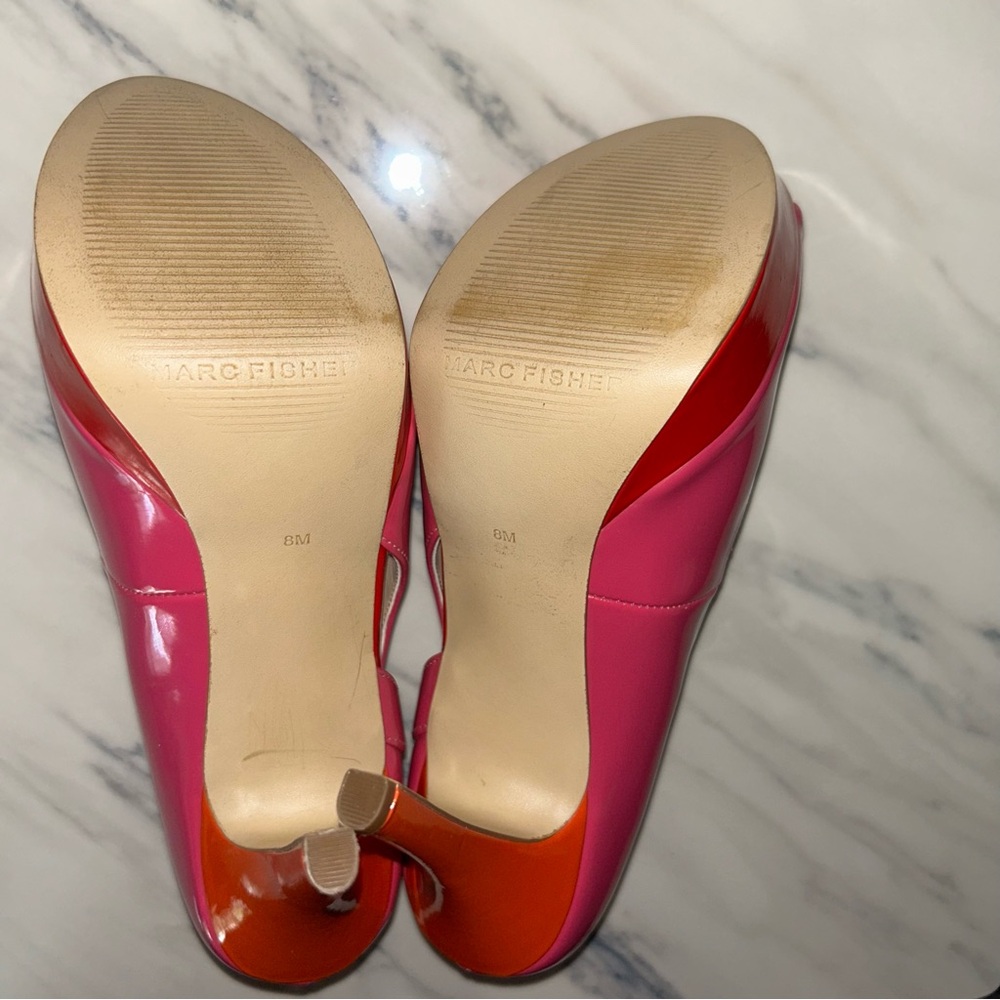 Marc Fisher EUC Platform Heels Size 8 Pink Orange Red Peep Toe - Picture 4 of 6